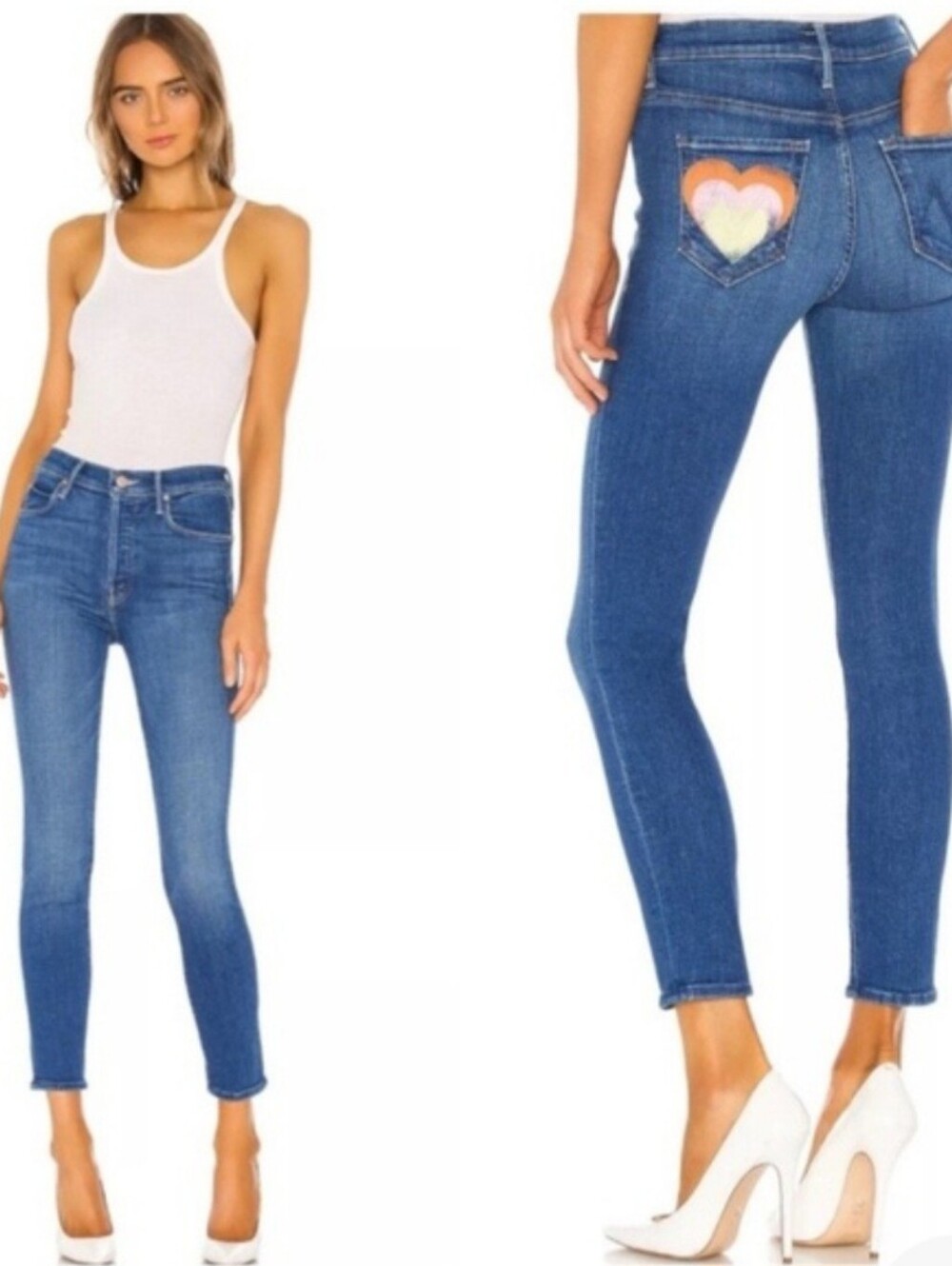 MOTHER Blue Jeans With Painted Hearts On Pockets